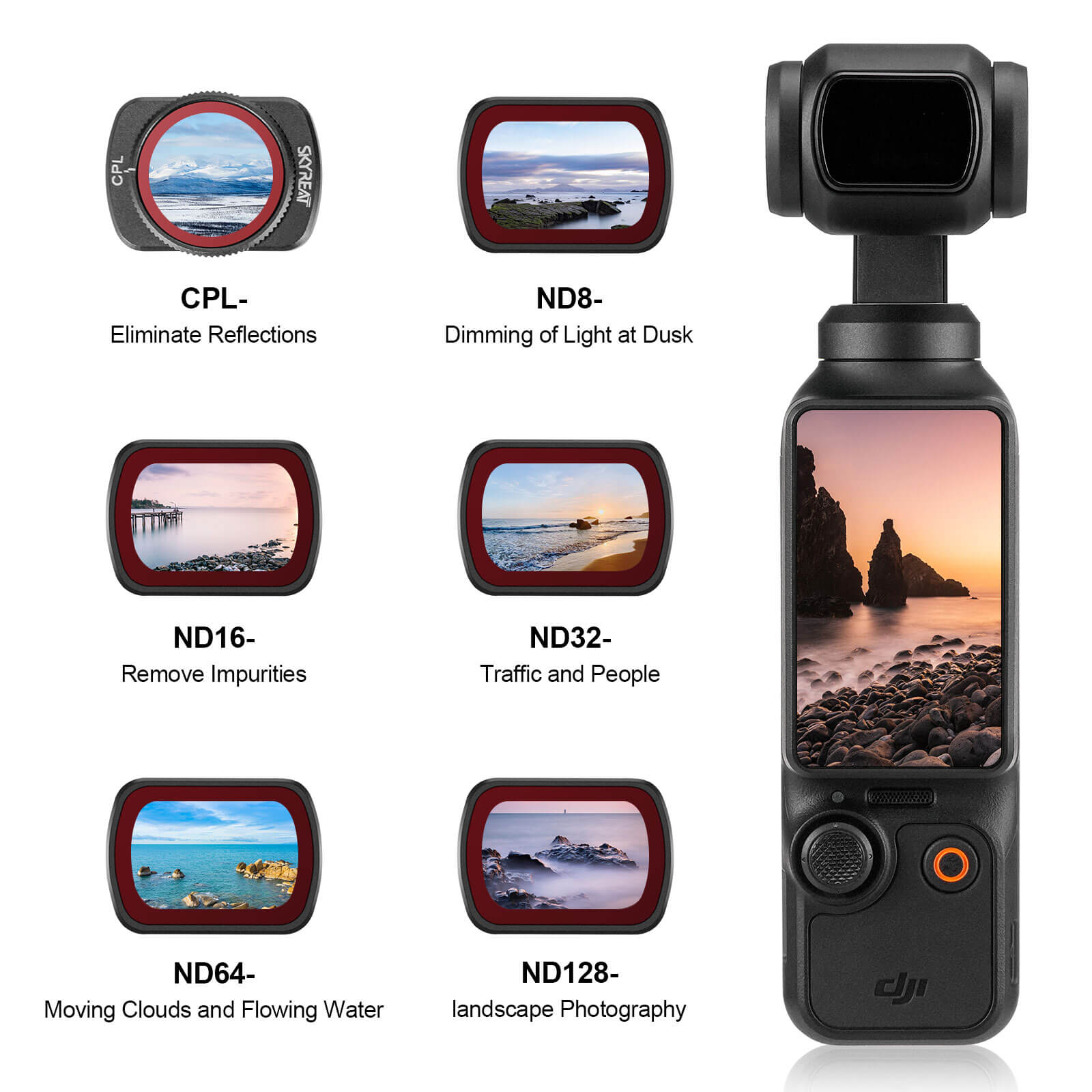Skyreat ND Filters Set for DJI Osmo Pocket 3 Creator Combo Accessories -6  Pack (CPL/ND8/ND16/ND32/ND64/ND128) - Skyreat